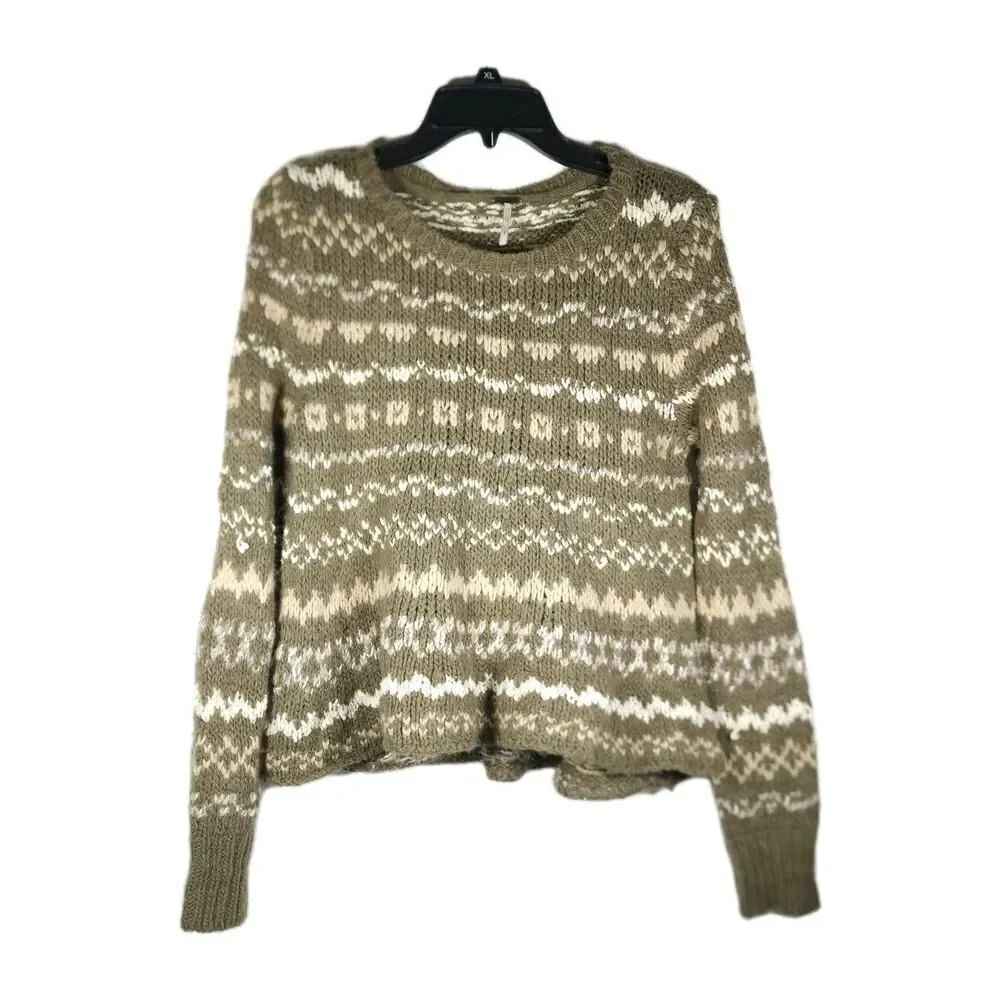 Free People Women Through the Storm Small Brown Knit Fair Isle Sweater Pullover